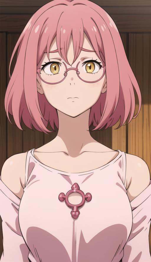Shoulder-length red pink hair,  golden-yellow eyes,  round-framed glasses on Tensor.Art