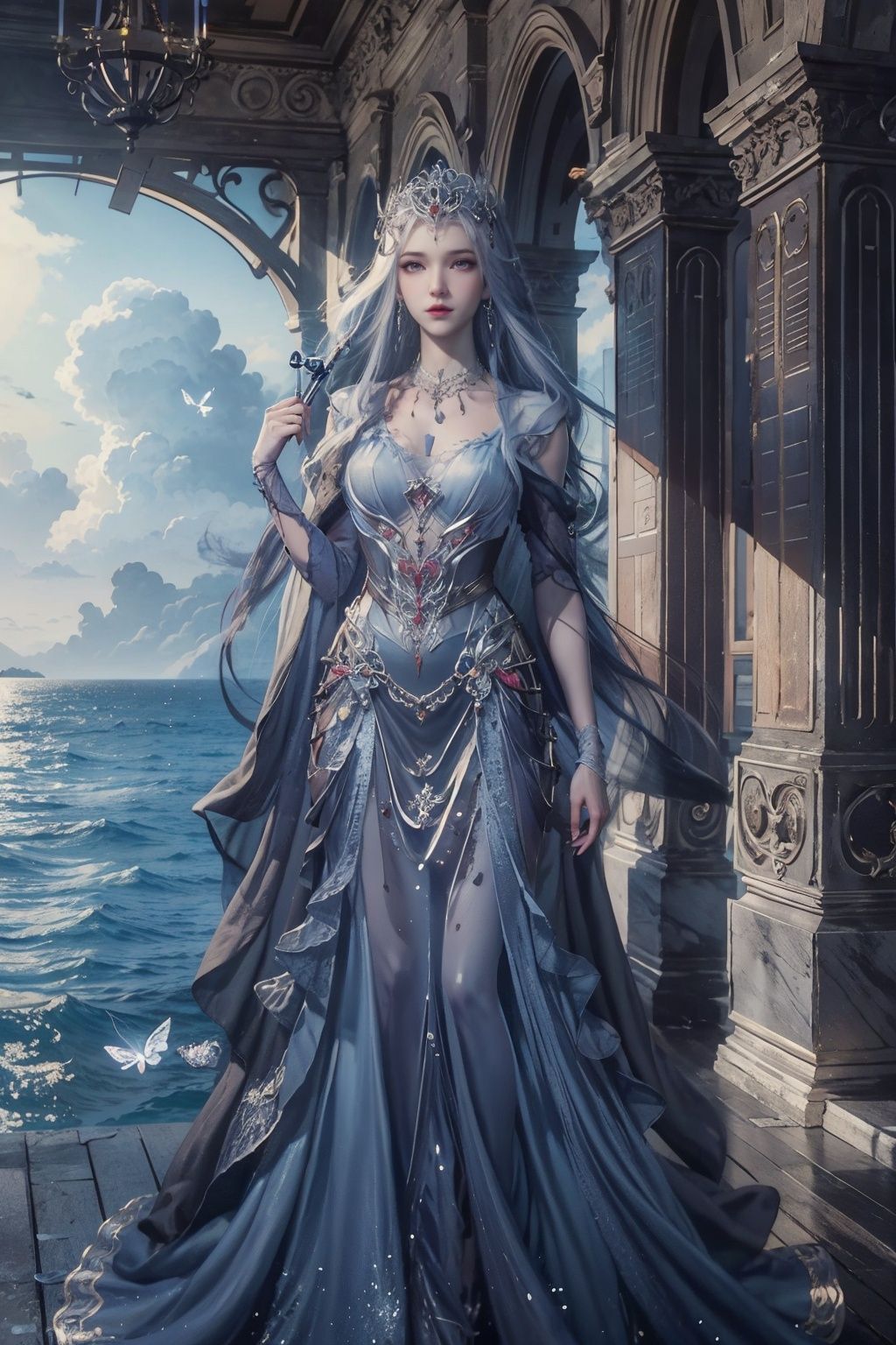 masterpiece,best quality,official art,extremely detailed CG unity 8k wallpaper,1girl,looking at viewer,butterfly,standing on liquid,full body,dress,long skirt,ocean,<lora:波塞西:0.55>,