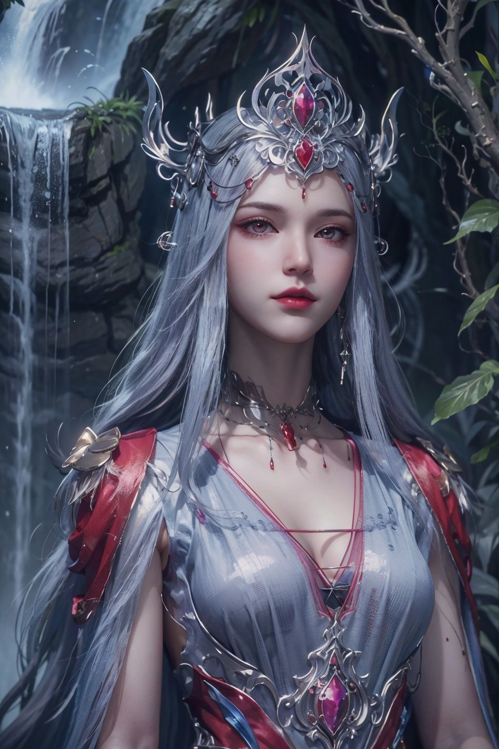 masterpiece,best quality,official art,extremely detailed CG unity 8k wallpaper,1girl,upper body,looking at viewer,waterfall,<lora:波塞西:0.55>,