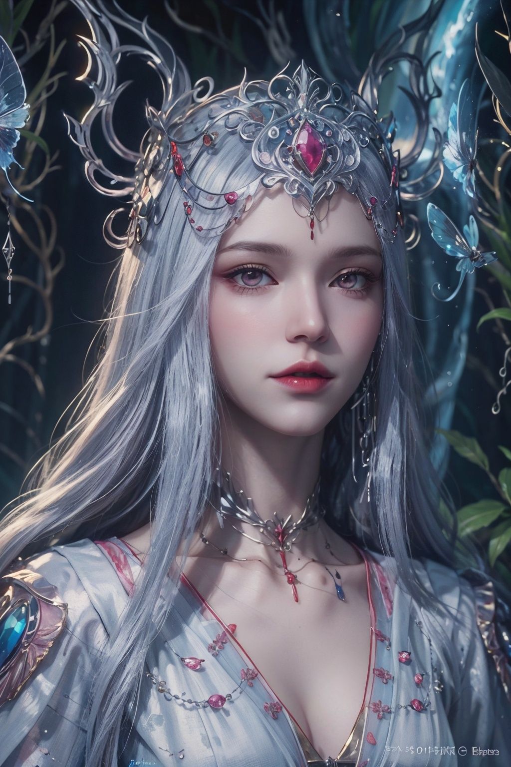 masterpiece,best quality,official art,extremely detailed CG unity 8k wallpaper,1girl,upper body,looking at viewer,butterfly,waterfall,<lora:波塞西:0.55>,