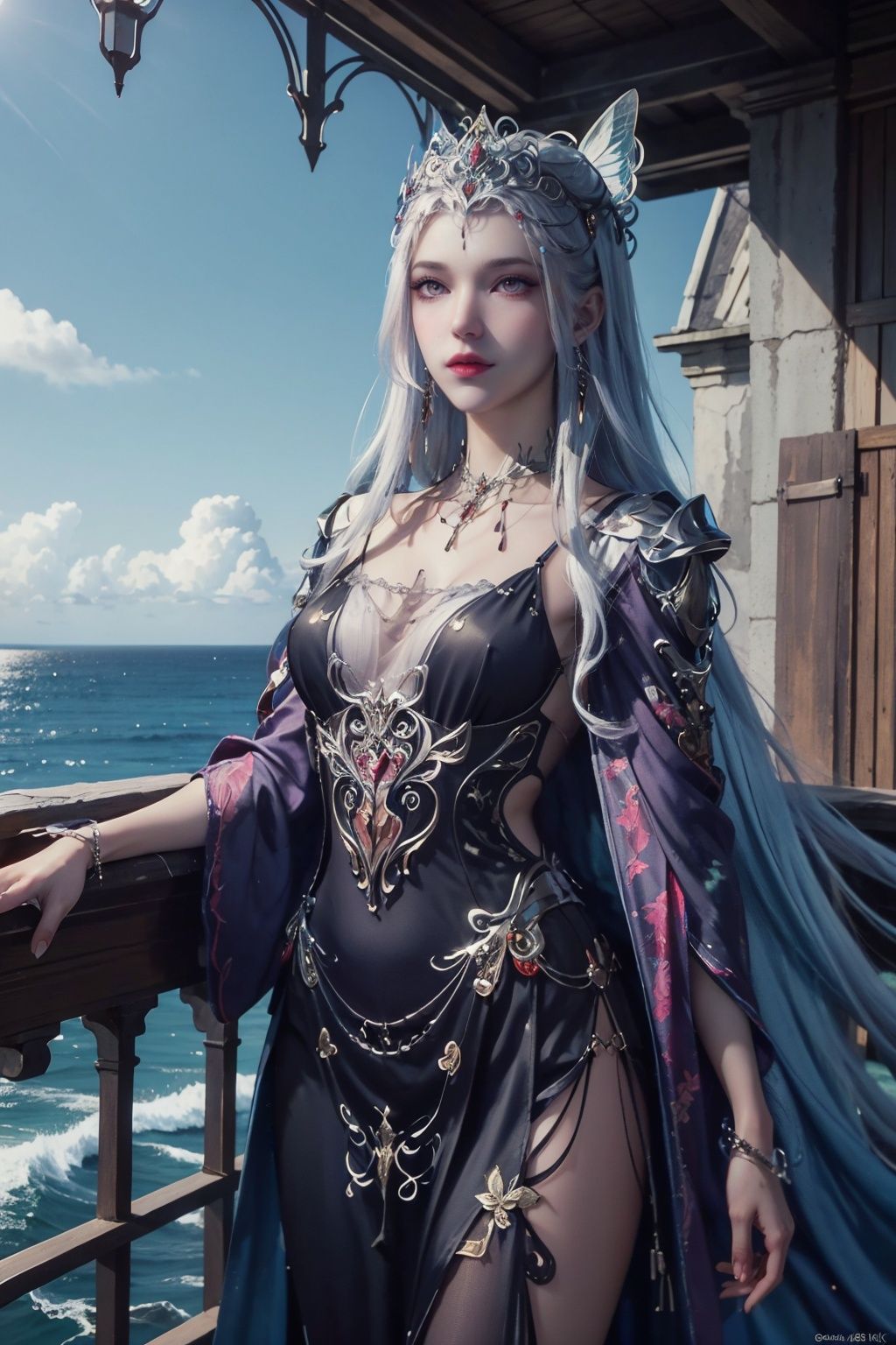 masterpiece,best quality,official art,extremely detailed CG unity 8k wallpaper,1girl,looking at viewer,butterfly,standing on liquid,dress,long skirt,cowboy shot,ocean,<lora:波塞西:0.55>,