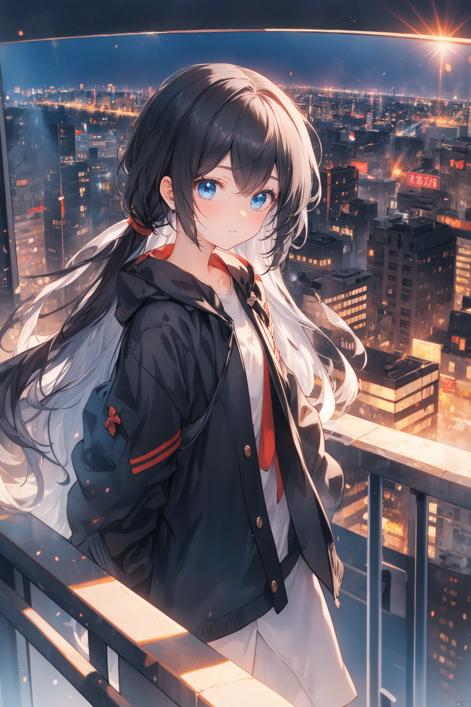  artist_name,black_hair, blue_eyes,city,cityscape,city lights,fisheye,long hair