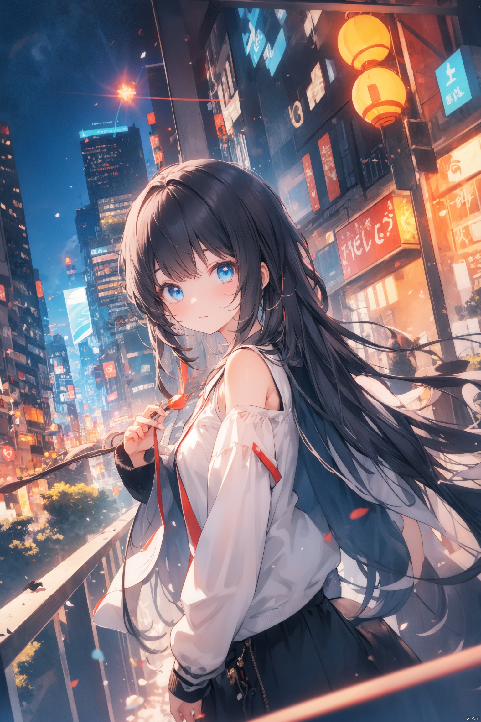  artist_name,black_hair, blue_eyes,city,cityscape,city lights,fisheye,long hair