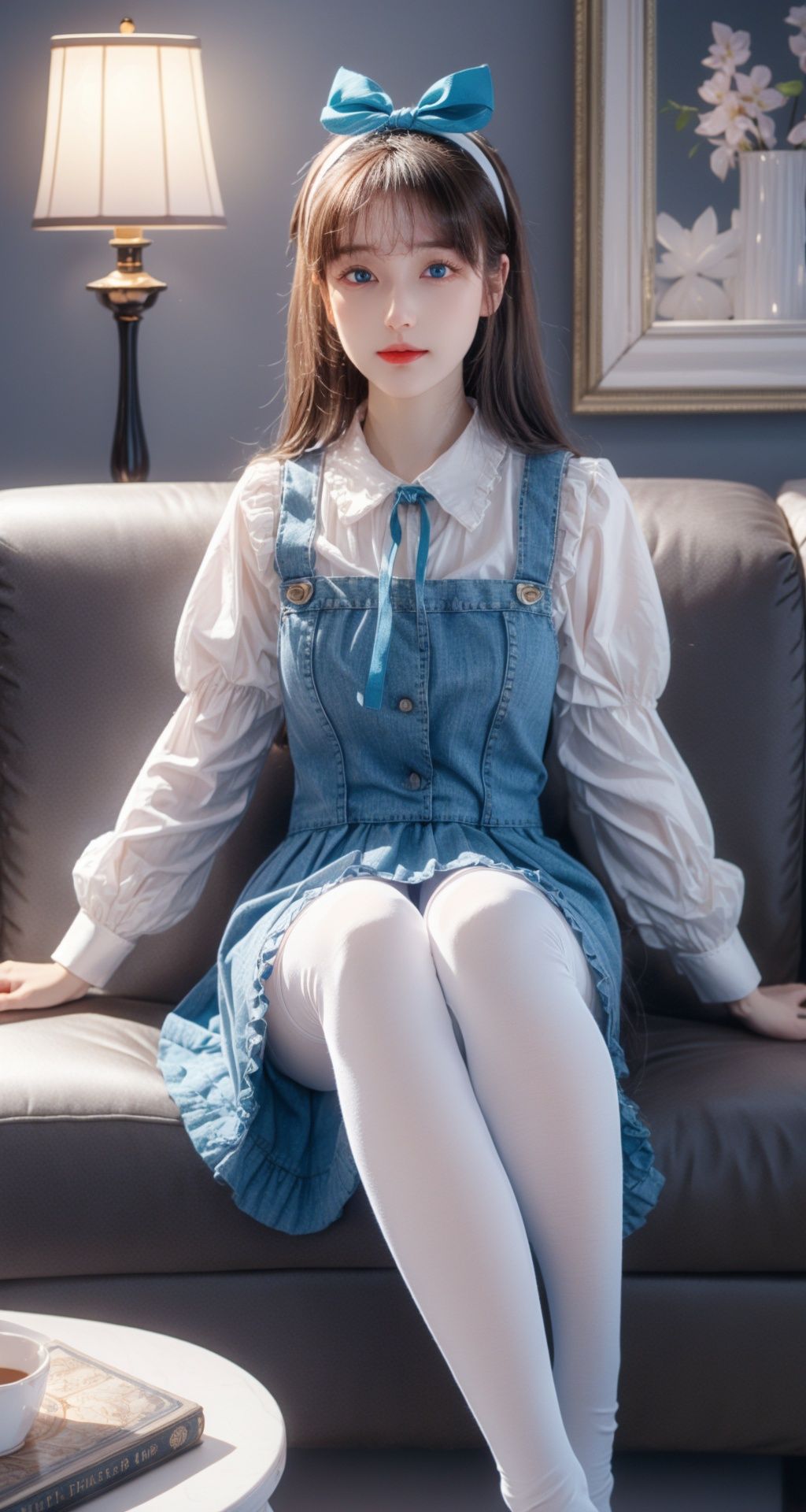 alice margatroid,1girl,solo,long hair,blonde hair,white pantyhose,sitting,hairband,looking at viewer,pantyhose,red hairband,indoors,dress,shirt,frills,long sleeves,bangs,book,white shirt,blush,flower,very long hair,lamp,bow,blue eyes,feet out of frame,blue dress,ribbon,blue bow,holding,chair,skirt,bowtie,blue skirt,neck ribbon,puffy sleeves,closed mouth,picture frame,painting (object),couch,collared shirt,cup,frilled dress,picture (object),pinafore dress,