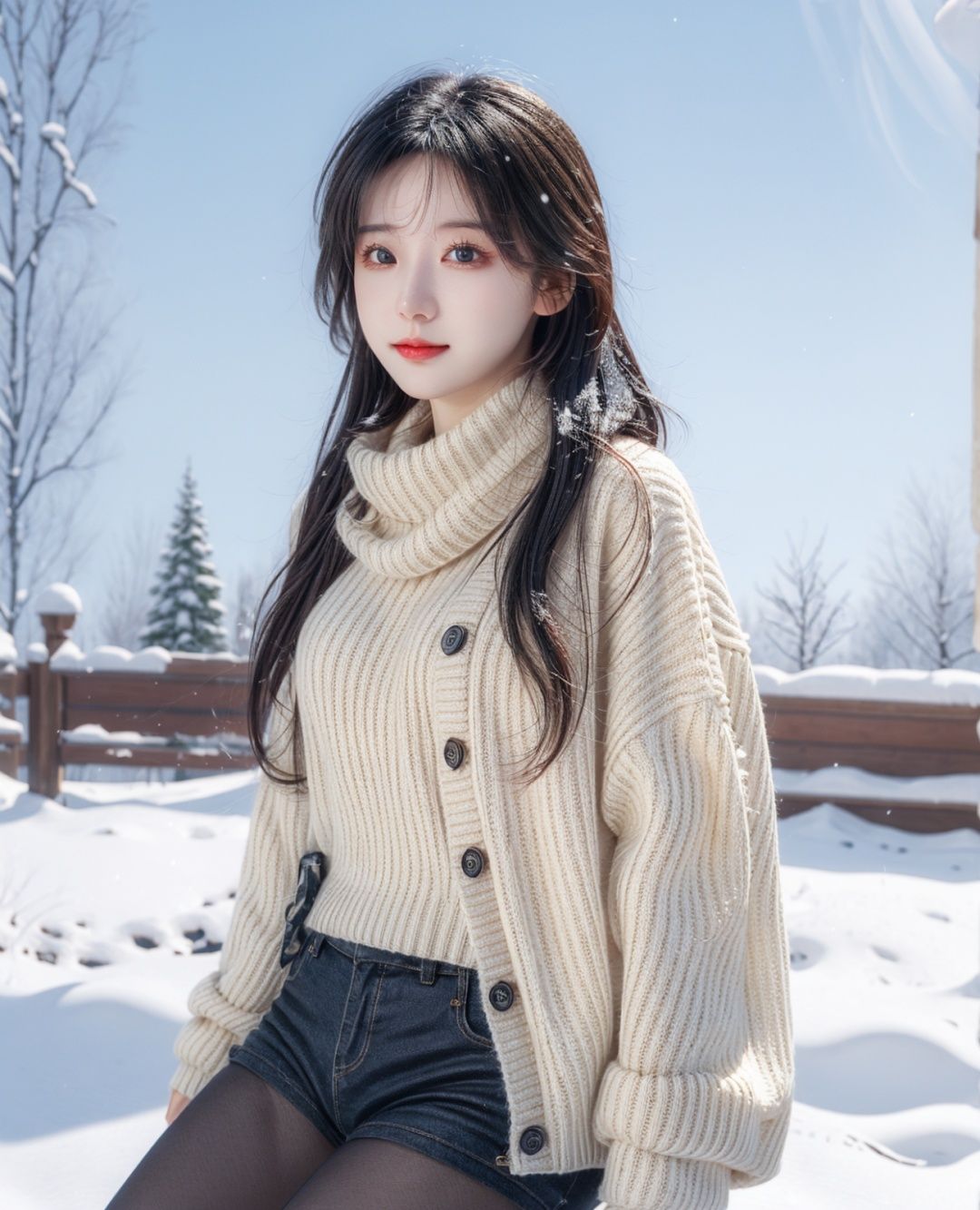 Winter, snow, beautiful youth girl, pantyhose, random colors, long sweater, scarf, depth of field, real light, ray tracing, OC renderer, UE5 renderer, super realistic, best quality, 8K, master works, ultra fine, detailed, correct human body structure, cute girl