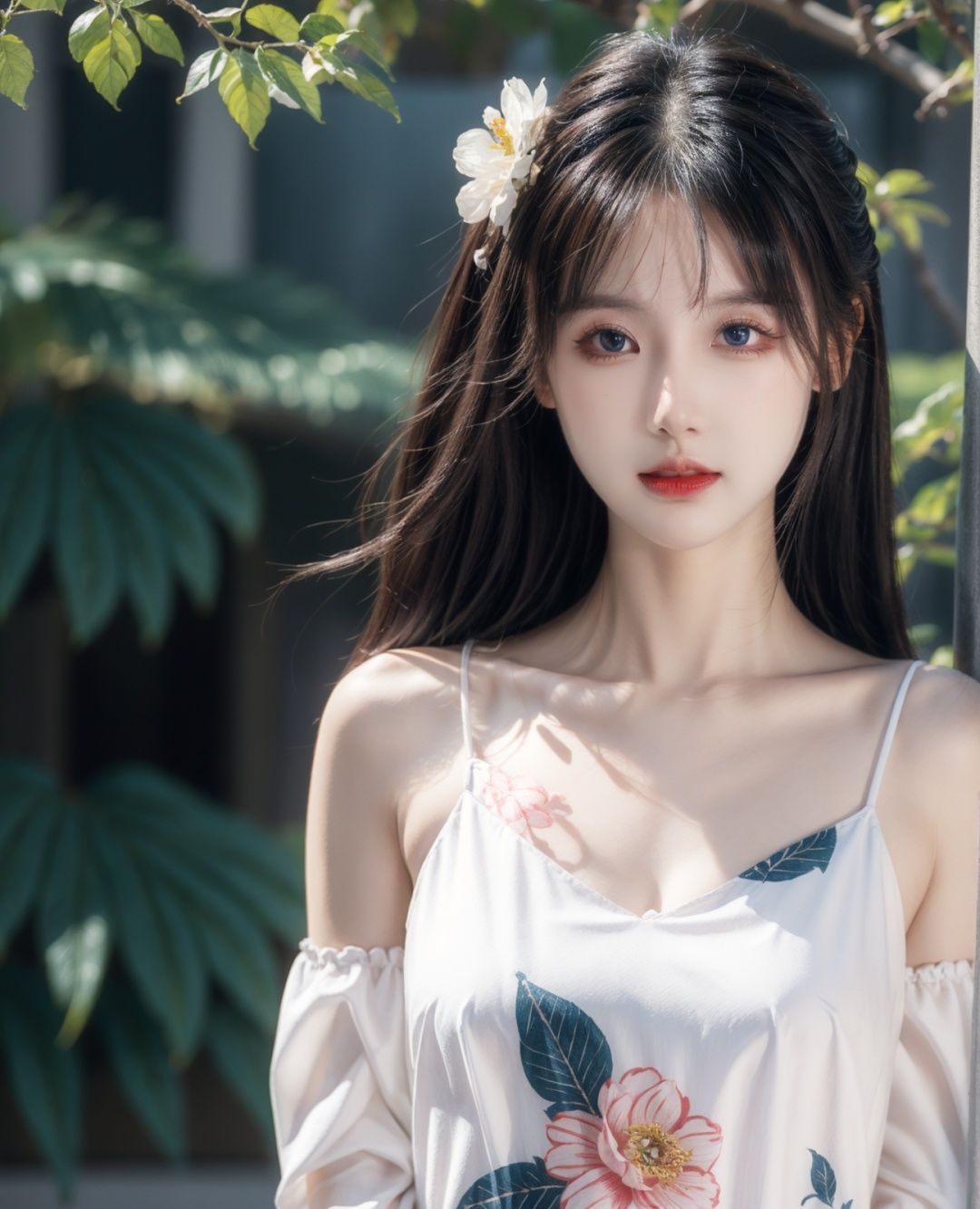  1girl, solo, flower, long hair, black hair, hair ornament, hair flower, blue eyes, floral print, chinese clothes, looking at viewer, detached sleeves, upper body, white flower, parted lips, dress, pink flower, china dress, bare shoulders, blush, red flower, eyelashes, white dress, lips, sleeveless, parted bangs, glowing,lens flare,big leaf,plant, wind, cute girl,blurry background