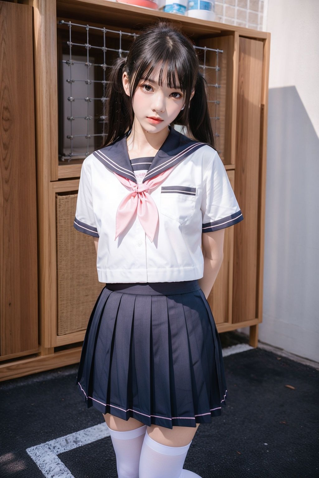 cinematic lighting, Surrealism, chiaroscuro, depth of field, Fujicolor, UHD, textured skin, anatomically correct, high details, award winning, super detail, 16k, retina, 1080P, best quality，YOYO, solo, 1girl, thighhighs, pink neckerchief, skirt, school uniform, white thighhighs, kitauji high school uniform, pleated skirt,  neckerchief, loafers, photo background, standing, white shirt,  