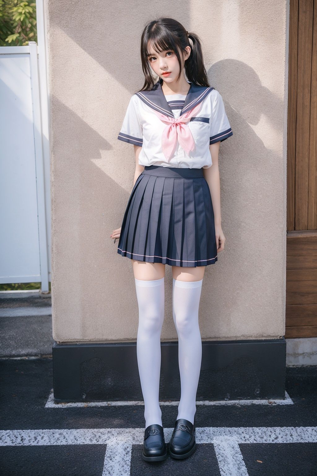 cinematic lighting, Surrealism, chiaroscuro, depth of field, Fujicolor, UHD, textured skin, anatomically correct, high details, award winning, super detail, 16k, retina, 1080P, best quality，YOYO, solo, 1girl, thighhighs, pink neckerchief, skirt, school uniform, white thighhighs, kitauji high school uniform, pleated skirt,  neckerchief, loafers, photo background, standing, white shirt,  