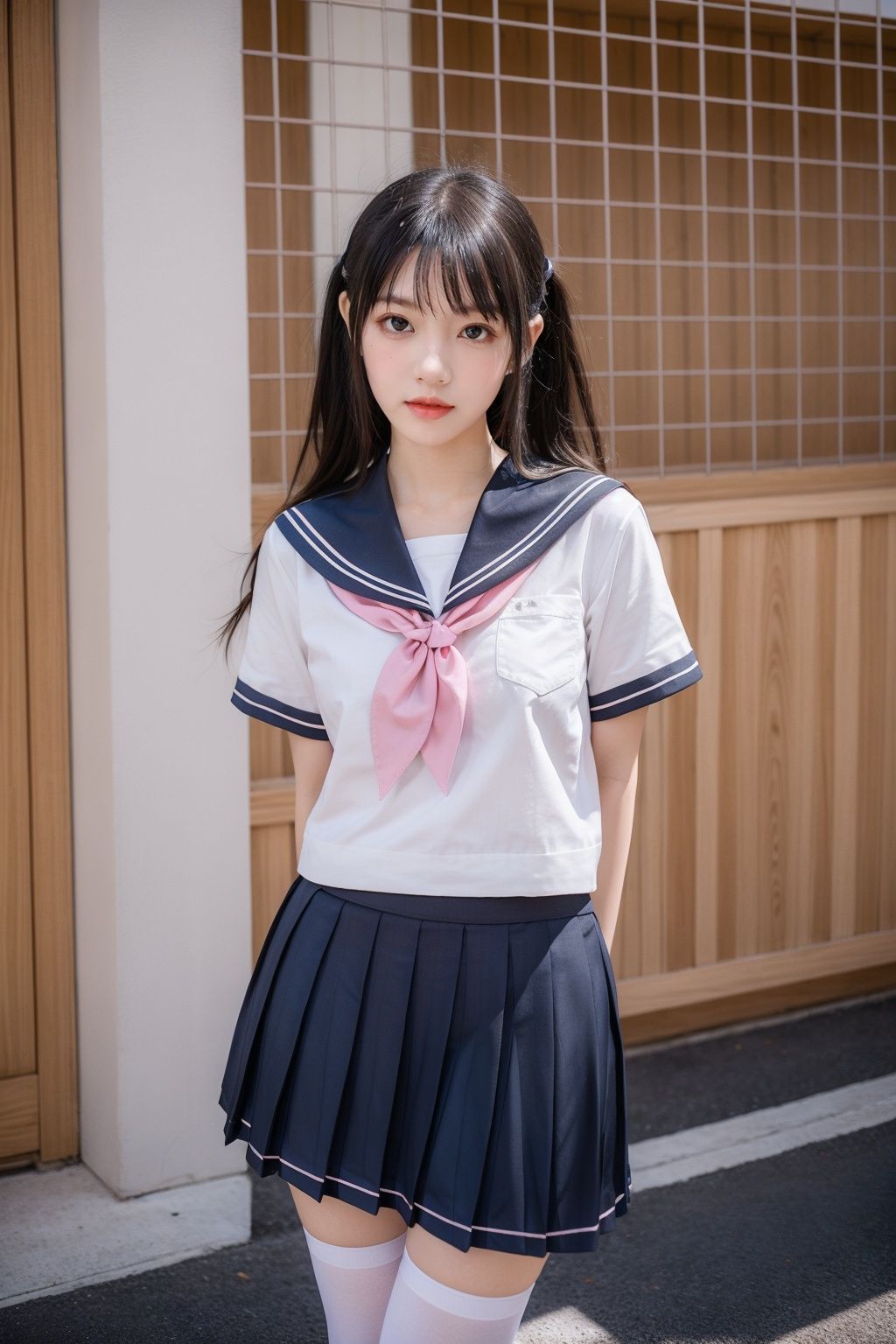 cinematic lighting, Surrealism, chiaroscuro, depth of field, Fujicolor, UHD, textured skin, anatomically correct, high details, award winning, super detail, 16k, retina, 1080P, best quality，YOYO, solo, 1girl, thighhighs, pink neckerchief, skirt, school uniform, white thighhighs, kitauji high school uniform, pleated skirt,  neckerchief, loafers, photo background, standing, white shirt,  