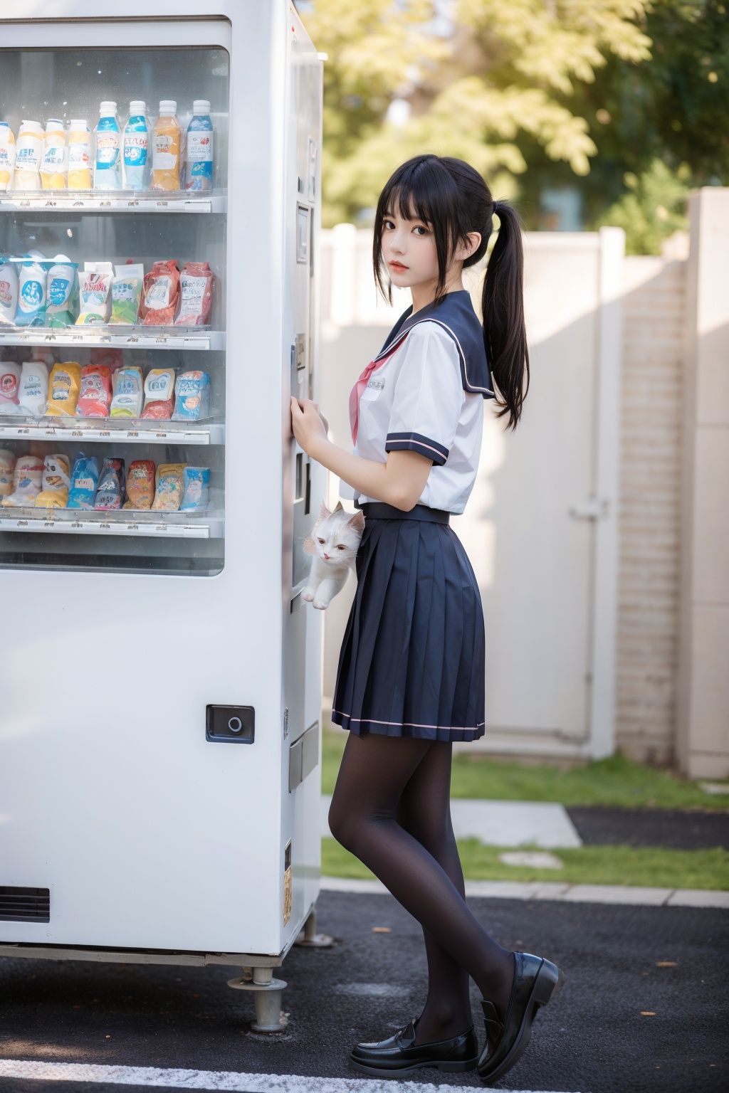 YOYO, 1girl, skirt, cat, school uniform, solo, outdoors, pantyhose, serafuku, shoes, black hair, sailor collar, black footwear, loafers, pleated skirt, ponytail, black skirt, short sleeves, white pantyhose, shirt, vending machine, white shirt, standing, day, full body, holding, blurry, animal, from side, neckerchief, long hair, holding cat