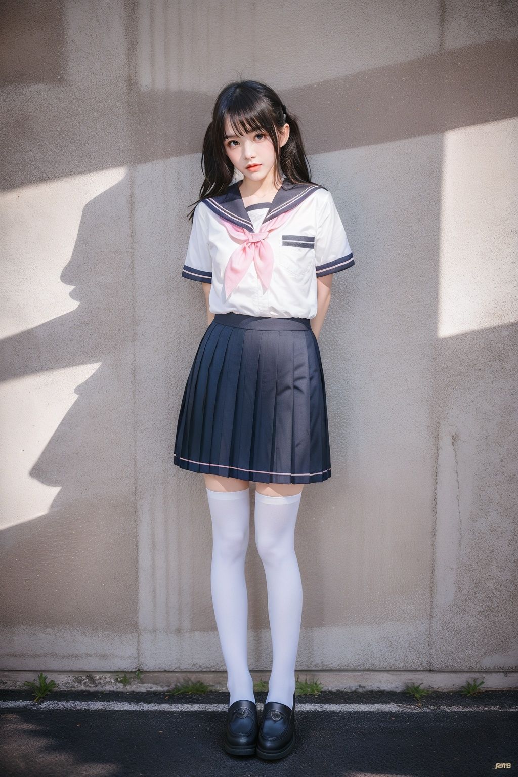 cinematic lighting, Surrealism, chiaroscuro, depth of field, Fujicolor, UHD, textured skin, anatomically correct, high details, award winning, super detail, 16k, retina, 1080P, best quality，YOYO, solo, 1girl, thighhighs, pink neckerchief, skirt, school uniform, white thighhighs, kitauji high school uniform, pleated skirt,  neckerchief, loafers, photo background, standing, white shirt,  