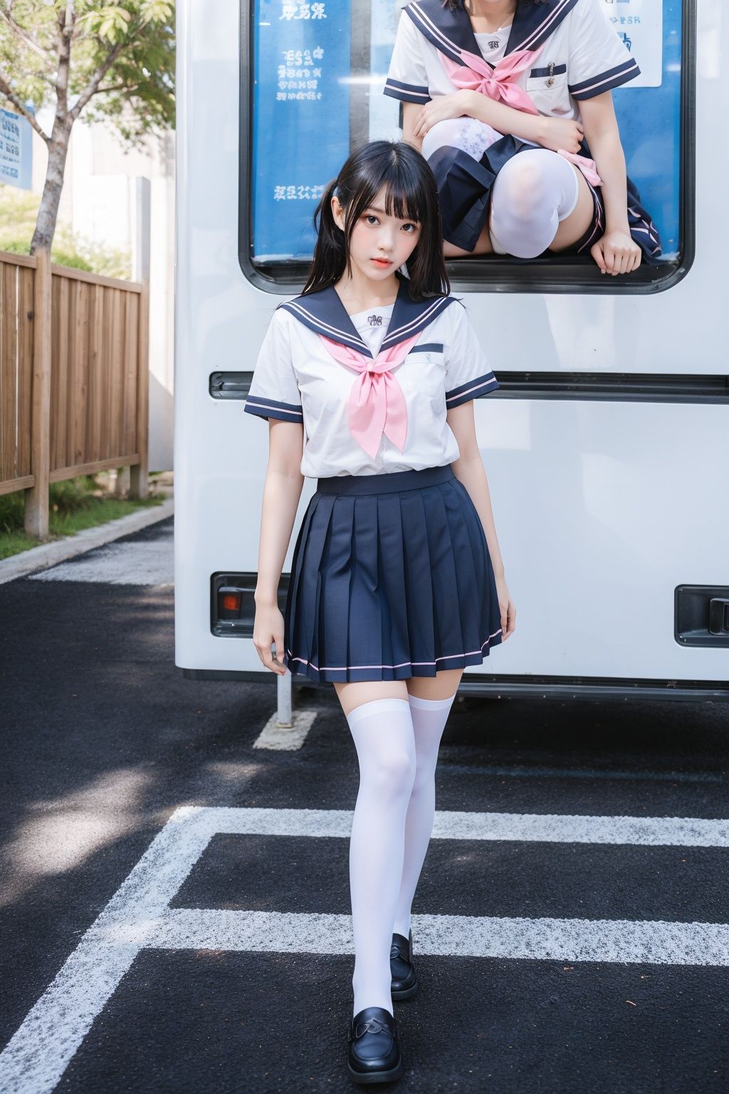 cinematic lighting, Surrealism, chiaroscuro, depth of field, Fujicolor, UHD, textured skin, anatomically correct, high details, award winning, super detail, 16k, retina, 1080P, best quality，YOYO, solo, 1girl, thighhighs, pink neckerchief, skirt, school uniform, white thighhighs, kitauji high school uniform, pleated skirt,  neckerchief, loafers, photo background, standing, white shirt,  
