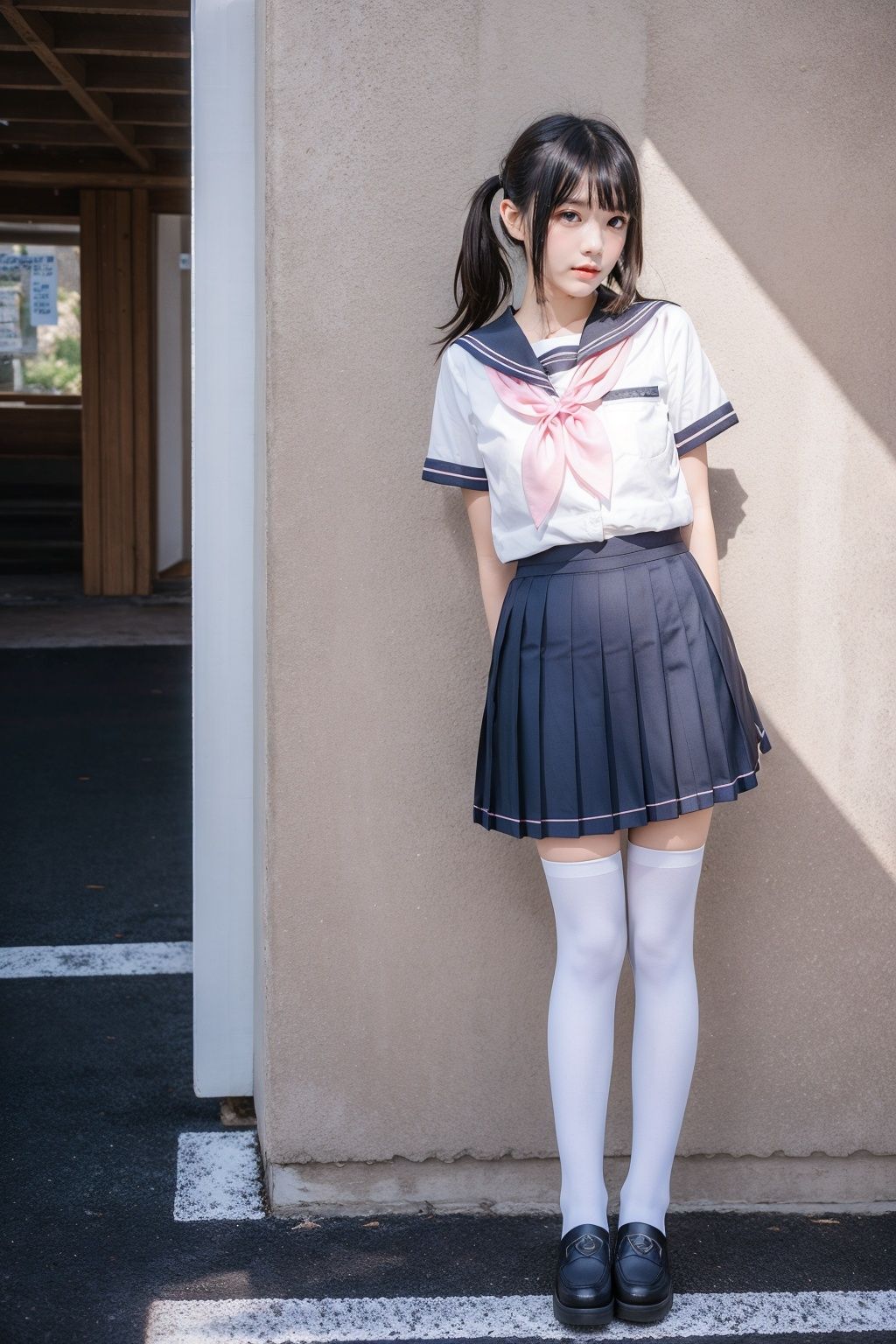 cinematic lighting, Surrealism, chiaroscuro, depth of field, Fujicolor, UHD, textured skin, anatomically correct, high details, award winning, super detail, 16k, retina, 1080P, best quality，YOYO, solo, 1girl, thighhighs, pink neckerchief, skirt, school uniform, white thighhighs, kitauji high school uniform, pleated skirt,  neckerchief, loafers, photo background, standing, white shirt,  