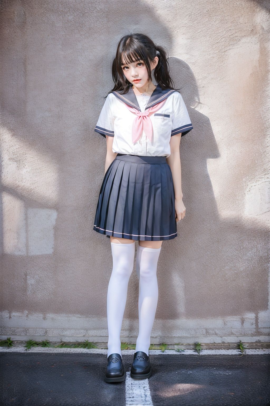 cinematic lighting, Surrealism, chiaroscuro, depth of field, Fujicolor, UHD, textured skin, anatomically correct, high details, award winning, super detail, 16k, retina, 1080P, best quality，YOYO, solo, 1girl, thighhighs, pink neckerchief, skirt, school uniform, white thighhighs, kitauji high school uniform, pleated skirt,  neckerchief, loafers, photo background, standing, white shirt,  