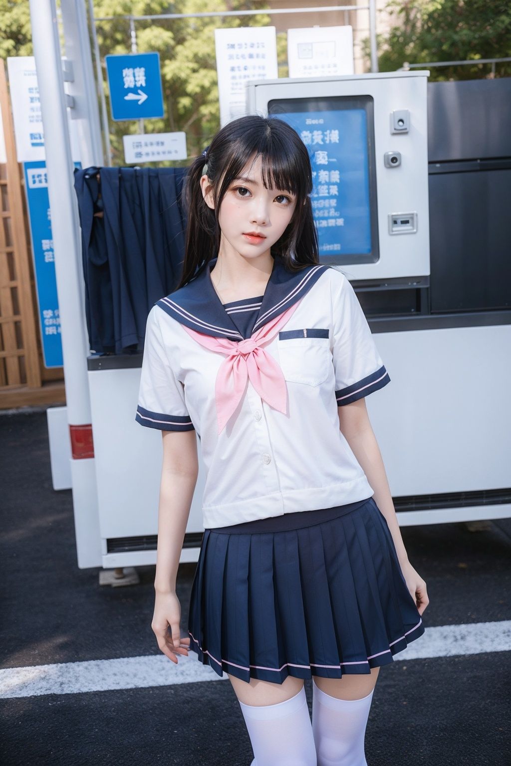 cinematic lighting, Surrealism, chiaroscuro, depth of field, Fujicolor, UHD, textured skin, anatomically correct, high details, award winning, super detail, 16k, retina, 1080P, best quality，YOYO, solo, 1girl, thighhighs, pink neckerchief, skirt, school uniform, white thighhighs, kitauji high school uniform, pleated skirt,  neckerchief, loafers, photo background, standing, white shirt,  