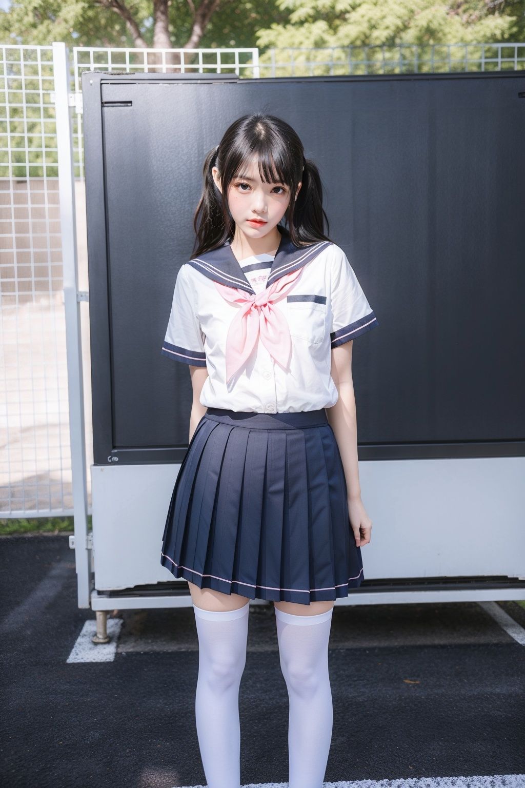cinematic lighting, Surrealism, chiaroscuro, depth of field, Fujicolor, UHD, textured skin, anatomically correct, high details, award winning, super detail, 16k, retina, 1080P, best quality，YOYO, solo, 1girl, thighhighs, pink neckerchief, skirt, school uniform, white thighhighs, kitauji high school uniform, pleated skirt,  neckerchief, loafers, photo background, standing, white shirt,  