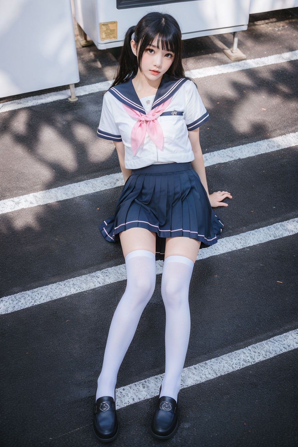 cinematic lighting, Surrealism, chiaroscuro, depth of field, Fujicolor, UHD, textured skin, anatomically correct, high details, award winning, super detail, 16k, retina, 1080P, best quality，YOYO, solo, 1girl, thighhighs, pink neckerchief, skirt, school uniform, white thighhighs, kitauji high school uniform, pleated skirt,  neckerchief, loafers, photo background, standing, white shirt,  