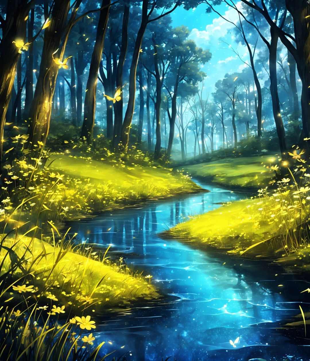  Best quality,8k,cg,scenery, nature, forest, tree, no humans, water, outdoors, night, fireflies, bird, reflection, signature, artist name, river, glowing