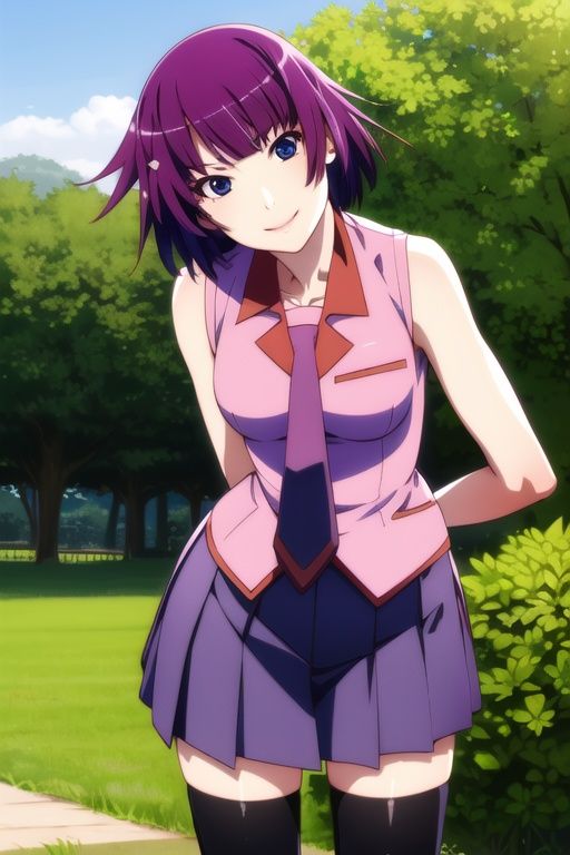 masterpiece, best quality, highres, detailed face, face focus, anime coloring, garden, flowers, cowboy shot, smile, daylight, 1girl, solo, looking at viewer, leaning forward, arms behind back, ,hitagisenjougahara, short hair, medium breasts, senjougahara hitagi, thighhighs, sleeves rolled up, sleeveless, pink shirt, school uniform, pleated skirt, necktie, black thighhighs, zettai ryouiki, naoetsu high school uniform
