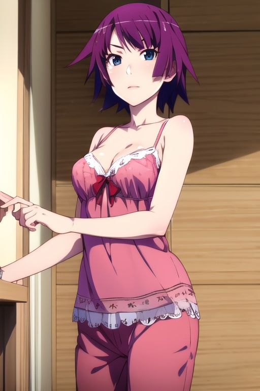 masterpiece, best quality, highres, detailed face, face focus, anime coloring, hitagisenjougahara, 1girl, solo, breasts, looking at viewer, red camisole, short hair, blue eyes, cleavage, medium breasts, purple hair, senjougahara hitagi, red pajama pants, house, home, cowboy shot, 
