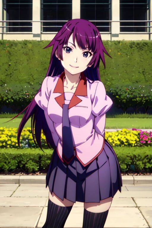 masterpiece, best quality, highres, detailed face, face focus, anime coloring, garden, flowers, cowboy shot, smile, daylight, 1girl, solo, looking at viewer, leaning leaning forward, hands arms behind back, hitagisenjougahara, long hair, medium breasts, bangs, senjougahara hitagi, thighhighs, long sleeves, pink shirt, school uniform, pleated skirt, necktie, puffy sleeves, black thighhighs, zettai ryouiki, juliet sleeves, naoetsu high school uniform