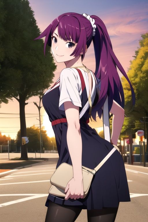  masterpiece, best quality, highres, detailed face, face focus, anime coloring, street, trees, street signs, sunset, 1girl, solo, looking at viewer, hand on hip, smile, cowboy shot, ,hitagisenjougahara, long hair, ponytail, medium breasts, bangs, senjougahara hitagi, black dress, collarbone, dress, white ribbon, jewelry, black pantyhose, shorts, necklace, bag, black pantyhose, scrunchie, legwear under shorts, short sleeves

