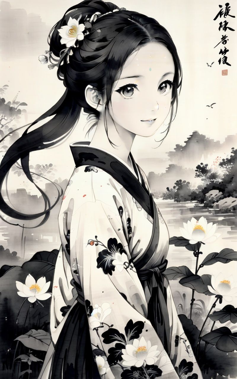 traditional chinese ink painting,black and white ink painting,<lora:GuFengXLLora:0.5>,1girl, nahida (genshin impact), solo, outdoors, dress, smile, flower, green eyes, symbol-shaped pupils, side ponytail,