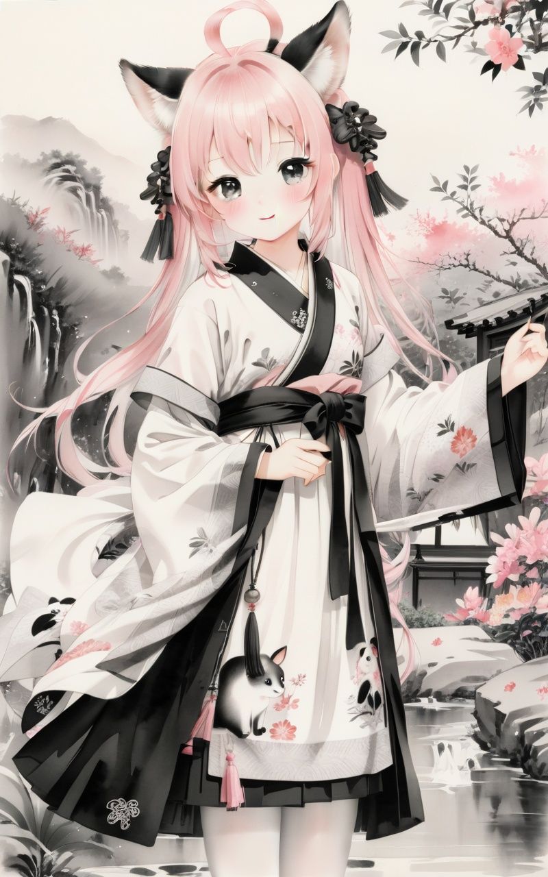 traditional chinese ink painting,black and white ink painting,<lora:GuFengXLLora:0.5>,1girl, pink hair, solo, animal ears, ahoge, skirt, pantyhose, looking at viewer, japanese clothes, hair ornament, white pantyhose, animal ear fluff, scarf, blush, detached sleeves, bangs, wide sleeves, ribbon-trimmed sleeves, hakama, long hair, frills, smile, frilled skirt, miko,