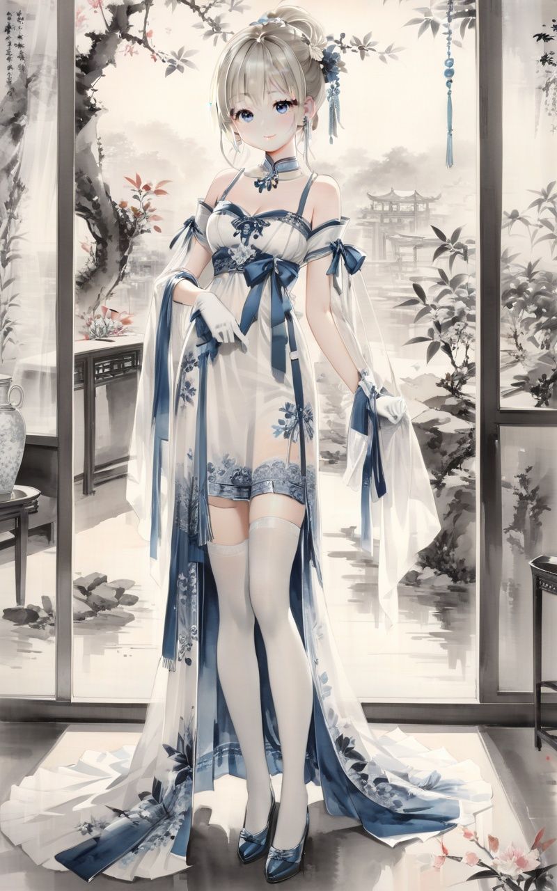 traditional chinese ink painting,black and white ink painting,<lora:GuFengXLLora:0.5>,1girl, blonde hair, solo, thighhighs, blue eyes, gloves, long hair, dress, garter straps, white thighhighs, bare shoulders, white dress, looking at viewer, white gloves, window, breasts, hair ornament, indoors, blush, smile, bangs, standing, jewelry, medium breasts, earrings, detached sleeves, closed mouth, curtains, plant, ribbon, braid, short sleeves, feet out of frame