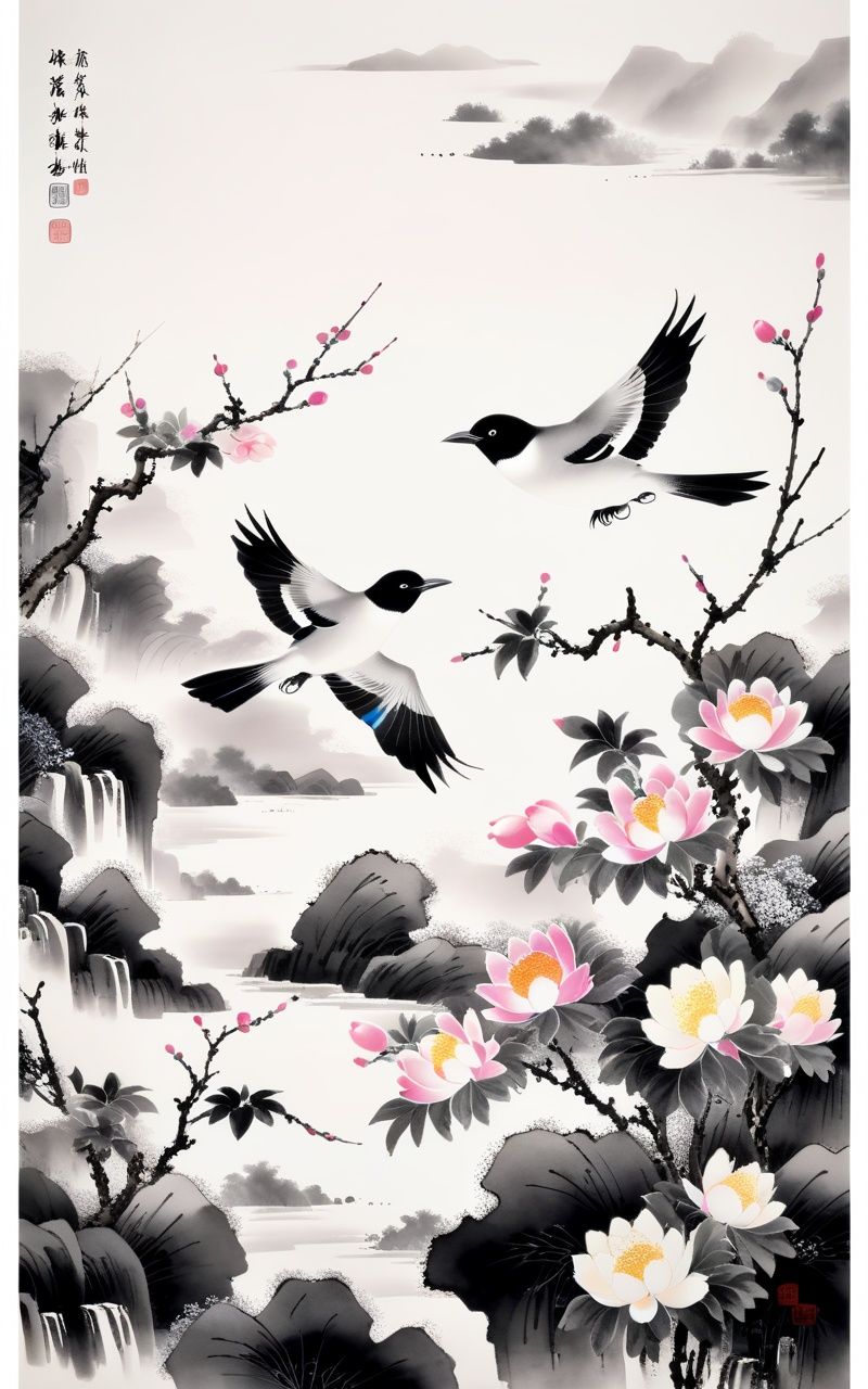 traditional chinese ink painting,black and white ink painting,<lora:GuFengXLLora:0.5>,bird,Flowers,((Ink)),colorful,（monochrome）,ink dyeing,simple background,dynamic angle