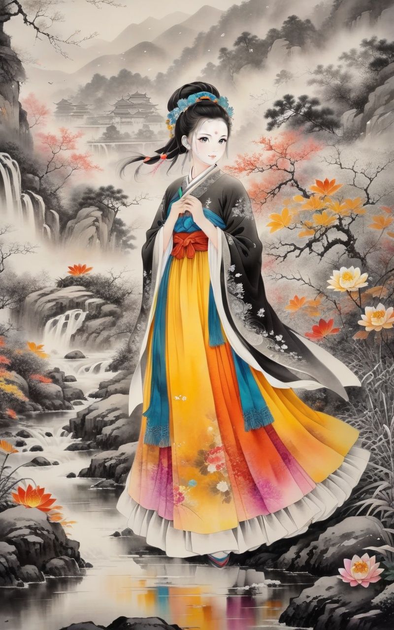 traditional chinese ink painting,black and white ink painting,<lora:GuFengXLLora:0.5>,Women, flower skirts, colorful, beautiful, fall, fallen leaves, Vegeta&#039;s background, Flower Armor, autumn theme, battlefield smoke, exposure mix, medium shots, Bokeh, (HDR: 1.4) , high contrast, (film, warm yellow and orange: 0.85) , (soft colors, dark colors, soothing tones: 1.3) , low saturation, (xxmix women) , Rainbow Girl, bhikkhu, oil painting, candy-coated