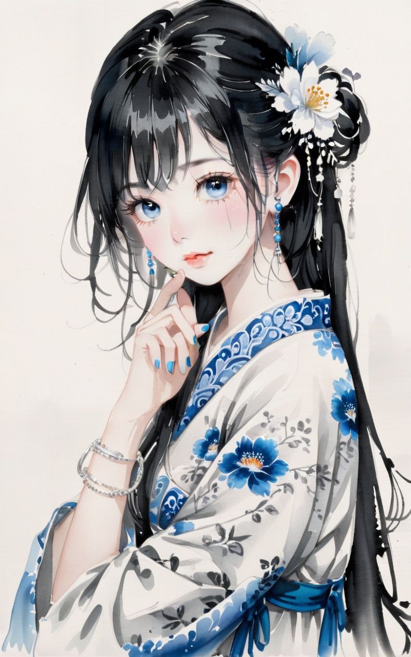 traditional chinese ink painting,black and white ink painting,<lora:GuFengXLLora:0.5>,1girl, solo, blue eyes, hair ornament, looking at viewer, frills, flower, long hair, bangs, white flower, upper body, hand on own face, hairclip, ring, white hair, hair between eyes, short sleeves, bow, wrist cuffs, blush, dress, white background, hand up, parted lips, hair flower, ribbon, blue nails, hand on own cheek, puffy sleeves, nail polish, jewelry, white theme, simple background, white dress