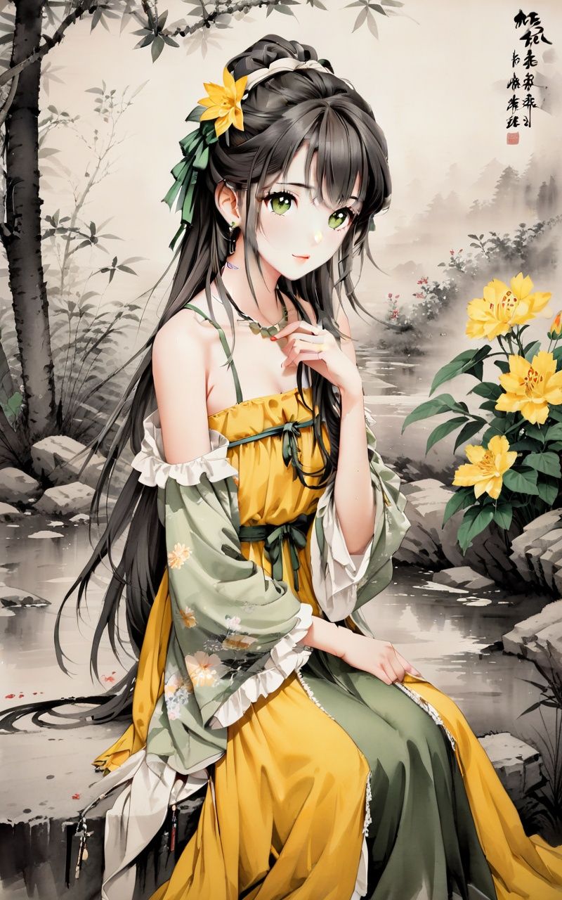 traditional chinese ink painting,black and white ink painting,<lora:GuFengXLLora:0.5>,1girl,solo,flower,dress,long hair,green eyes,off-shoulder dress,blurry,bare shoulders,looking at viewer,off shoulder,bangs,blurry background,hair bow,yellow flower,own hands together,bow,depth of field,brown hair,parted lips,hands up,collarbone,sitting,yellow dress,blush,frilled dress,white bow,frills,knees up,