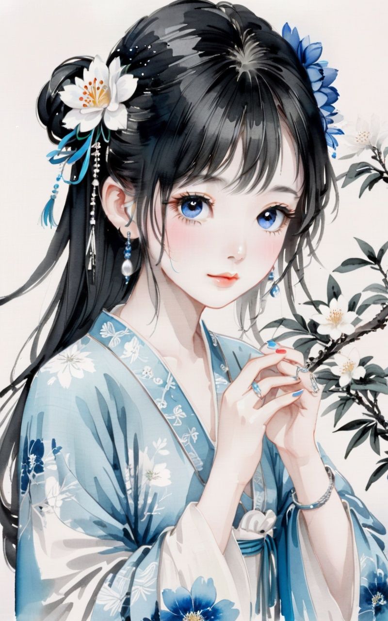 traditional chinese ink painting,black and white ink painting,<lora:GuFengXLLora:0.5>,1girl, solo, blue eyes, hair ornament, looking at viewer, frills, flower, long hair, bangs, white flower, upper body, hand on own face, hairclip, ring, white hair, hair between eyes, short sleeves, bow, wrist cuffs, blush, dress, white background, hand up, parted lips, hair flower, ribbon, blue nails, hand on own cheek, puffy sleeves, nail polish, jewelry, white theme, simple background, white dress