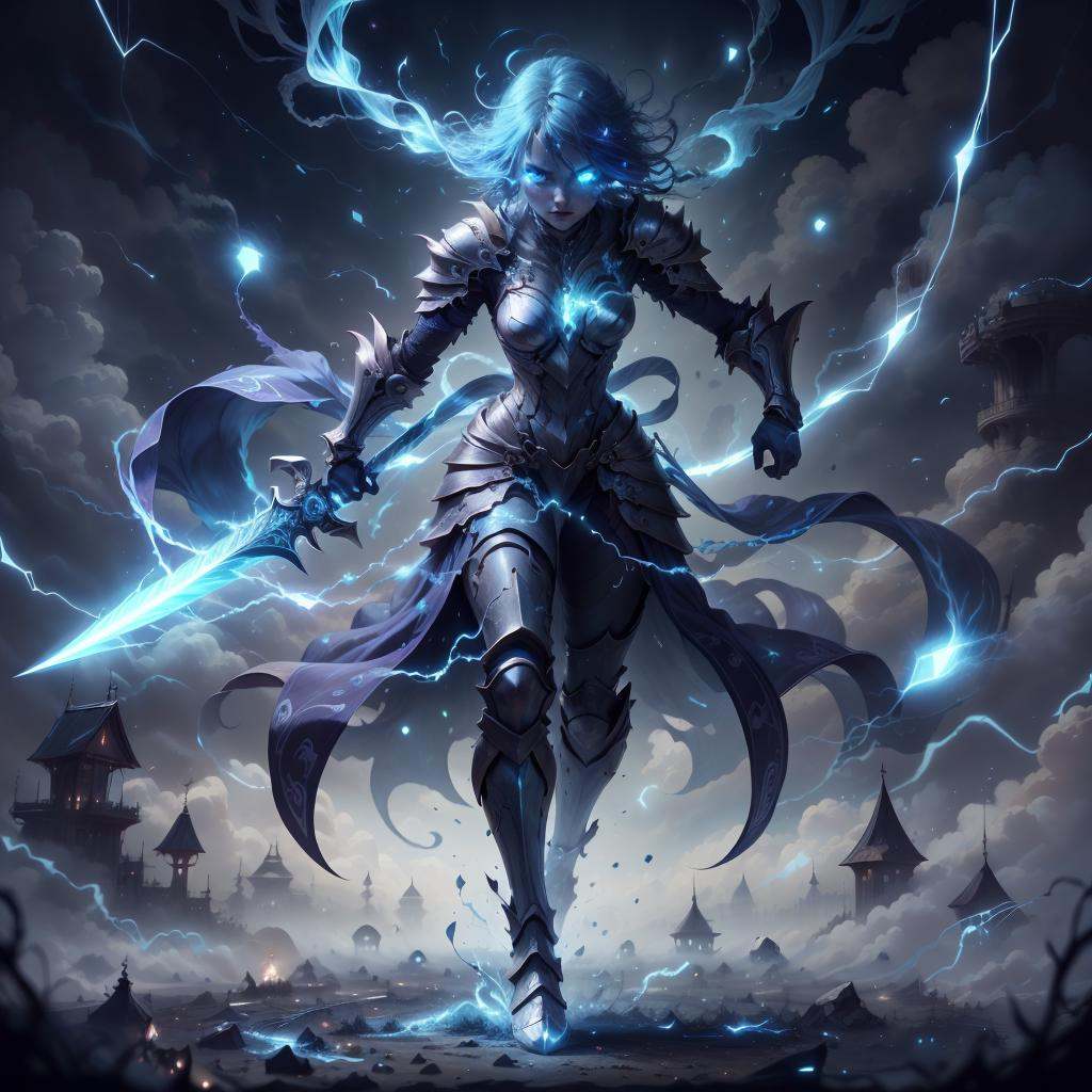 <lora:ThunderMagic-22:0.8>, thundermagic , excessive energy ,  charged aura, 1girl, cyan glowing hair, blue eyes, glowing eyes,fantasy, dissolving, wrath, full body, female, (knight:1.1) , enchanted armor , enchanted sword , 