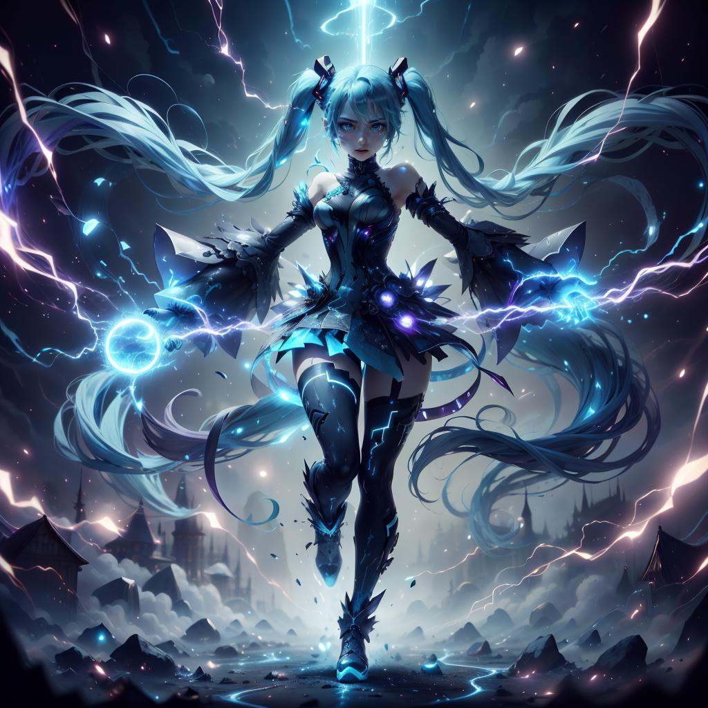 <lora:ThunderMagic-22:0.8>, thundermagic , excessive energy ,  charged aura,1girl, cyan glowing hair, blue eyes, glowing eyes,fantasy, dissolving, wrath, full body, female,   enchanted outfit , hatsune miku, twintails, 