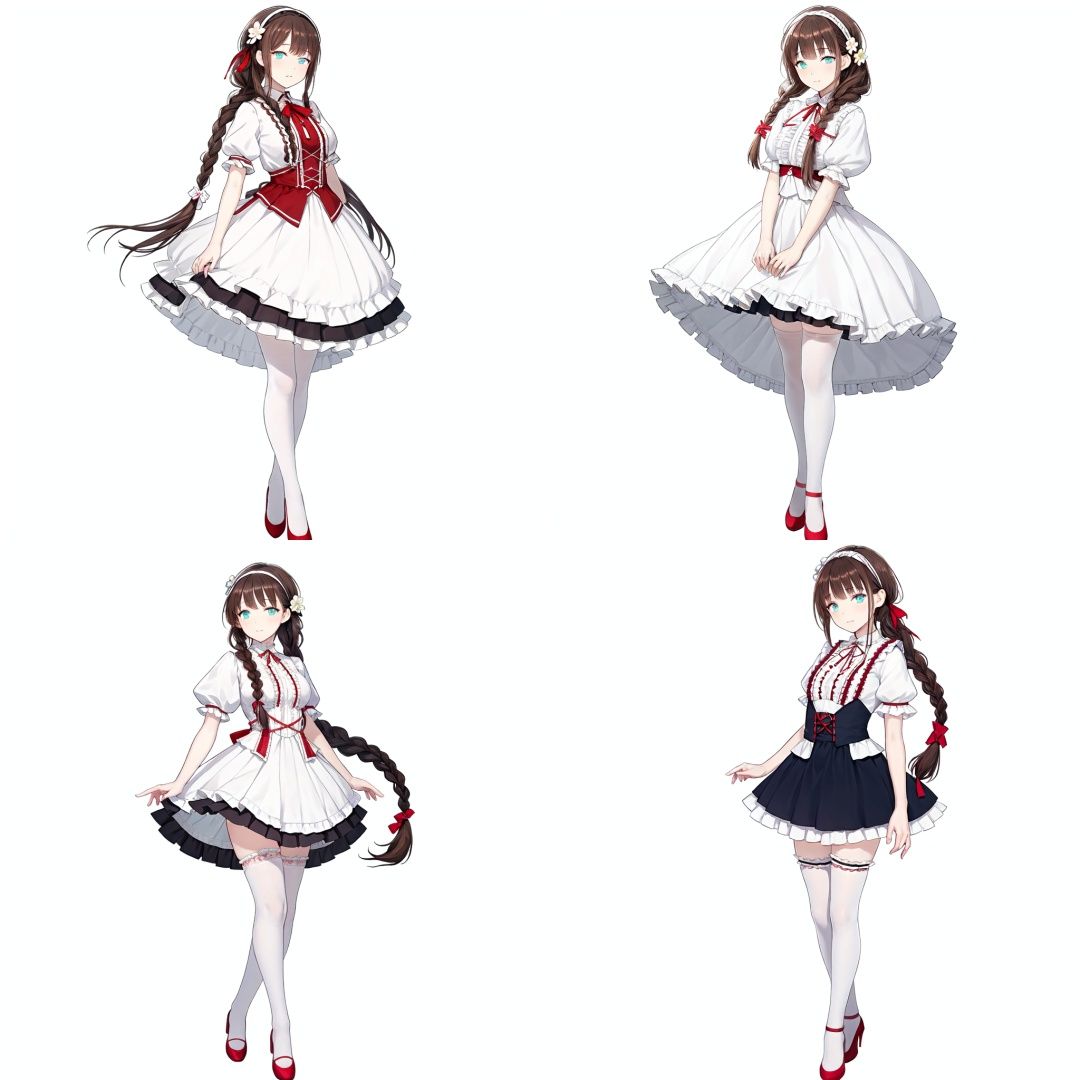Realistic style, cinematic work, 8K wallpaper, masterpiece, very realistic quality, best quality, masterpiece, high-level, high-resolution,,,blfengge, 1girl, solo, thighhighs, long hair, braid, brown hair, white thighhighs, dress, white background, full body, flower, hair ornament, short sleeves, looking at viewer, hairband, hair flower, ribbon, simple background, single braid, red footwear, blue eyes, hair ribbon, skirt, standing, green eyes, frills, puffy sleeves, high heels, blush, crossed legs, bangs, braided ponytail, puffy short sleeves, zettai ryouiki