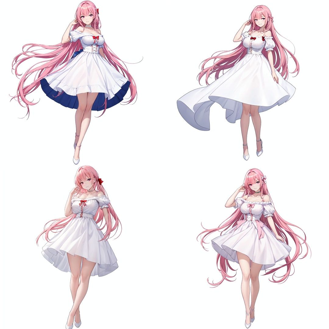 Realistic style, cinematic work, 8K wallpaper, masterpiece, very realistic quality, best quality, masterpiece, high-level, high-resolution,,,blfengge, 1girl, solo, long hair, pink hair, full body, breasts, white background, blue footwear, simple background, very long hair, looking at viewer, smile, bangs, dress, standing, short sleeves, bare shoulders, cleavage, skirt, bare legs, collarbone, hair ornament, hand up, bow, closed mouth, puffy sleeves, white shirt, shirt, hand in own hair, medium breasts, shoes, off-shoulder shirt, large breasts, blush, short dress, red bow, blue skirt, off shoulder, puffy short sleeves, thighs, choker, pink eyes, white dress, high heels, high-waist skirt