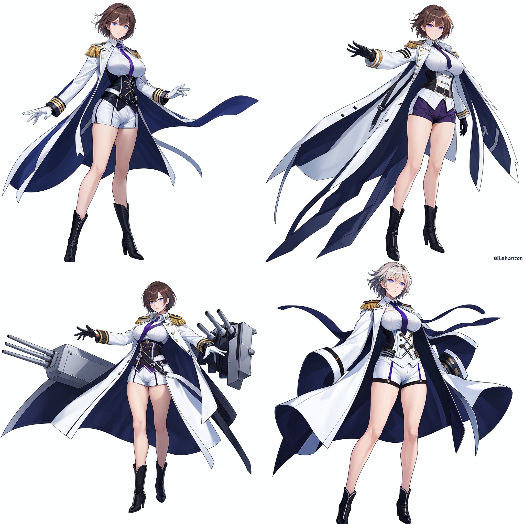 Realistic style, cinematic work, 8K wallpaper, masterpiece, very realistic quality, best quality, masterpiece, high-level, high-resolution,,,blfengge, 1girl, white gloves, breasts, short hair, gloves, solo, white footwear, blue eyes, shorts, large breasts, full body, boots, necktie, purple shorts, corset, open clothes, cannon, white jacket, military jacket, coat, rigging, thighs, shirt, white coat, jacket, underbust, epaulettes, purple necktie, bangs, high heels, standing, short necktie, open coat, short shorts, long sleeves, light brown hair, looking at viewer, high heel boots, open jacket, brown hair,