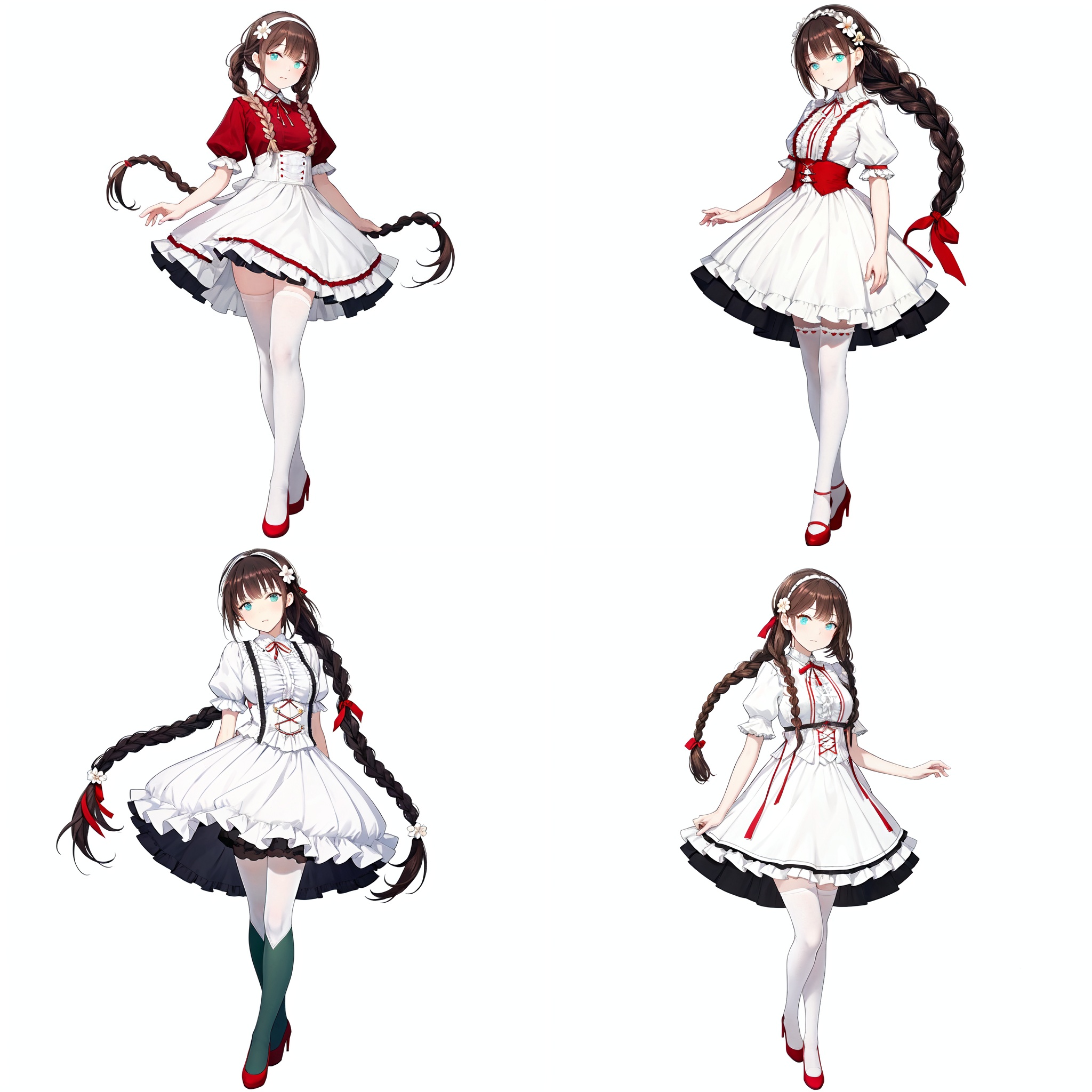 Realistic style, cinematic work, 8K wallpaper, masterpiece, very realistic quality, best quality, masterpiece, high-level, high-resolution,,,blfengge, 1girl, solo, thighhighs, long hair, braid, brown hair, white thighhighs, dress, white background, full body, flower, hair ornament, short sleeves, looking at viewer, hairband, hair flower, ribbon, simple background, single braid, red footwear, blue eyes, hair ribbon, skirt, standing, green eyes, frills, puffy sleeves, high heels, blush, crossed legs, bangs, braided ponytail, puffy short sleeves, zettai ryouiki, blfengge