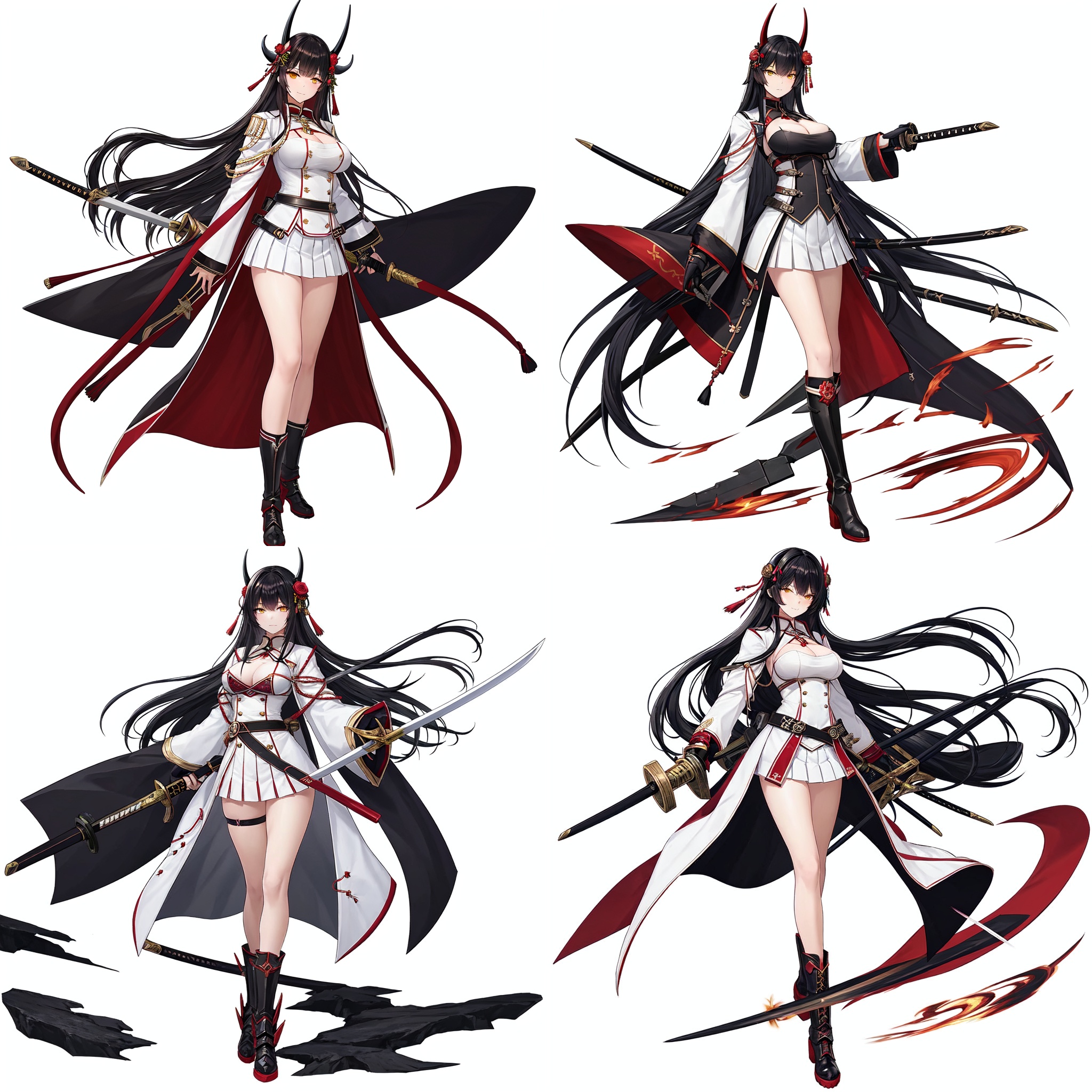 Realistic style, cinematic work, 8K wallpaper, masterpiece, very realistic quality, best quality, masterpiece, high-level, high-resolution,,,blfengge, 1girl, breasts, long hair, weapon, solo, horns, sword, holding, gloves, white background, full body, wide sleeves, tassel, long sleeves, cleavage, sheath, black hair, flower, simple background, holding weapon, white gloves, katana, hair ornament, yellow eyes, looking at viewer, skirt, red flower, large breasts, hair flower, holding sword, kneehighs, bangs, socks, pleated skirt, standing, closed mouth, sheathed, turret, white skirt, machinery, smile, straight hair, rigging, cleavage cutout, black socks, red rose, very long hair, unsheathing, clothing cutout, open clothes, coat, rudder footwear, blush, miniskirt, bell, tachi-e, rose, hair between eyes, holding sheath, buttons, cannon, uniform, boots, mast, japanese clothes, medium breasts, watson cross, military, crossed legs, white coat