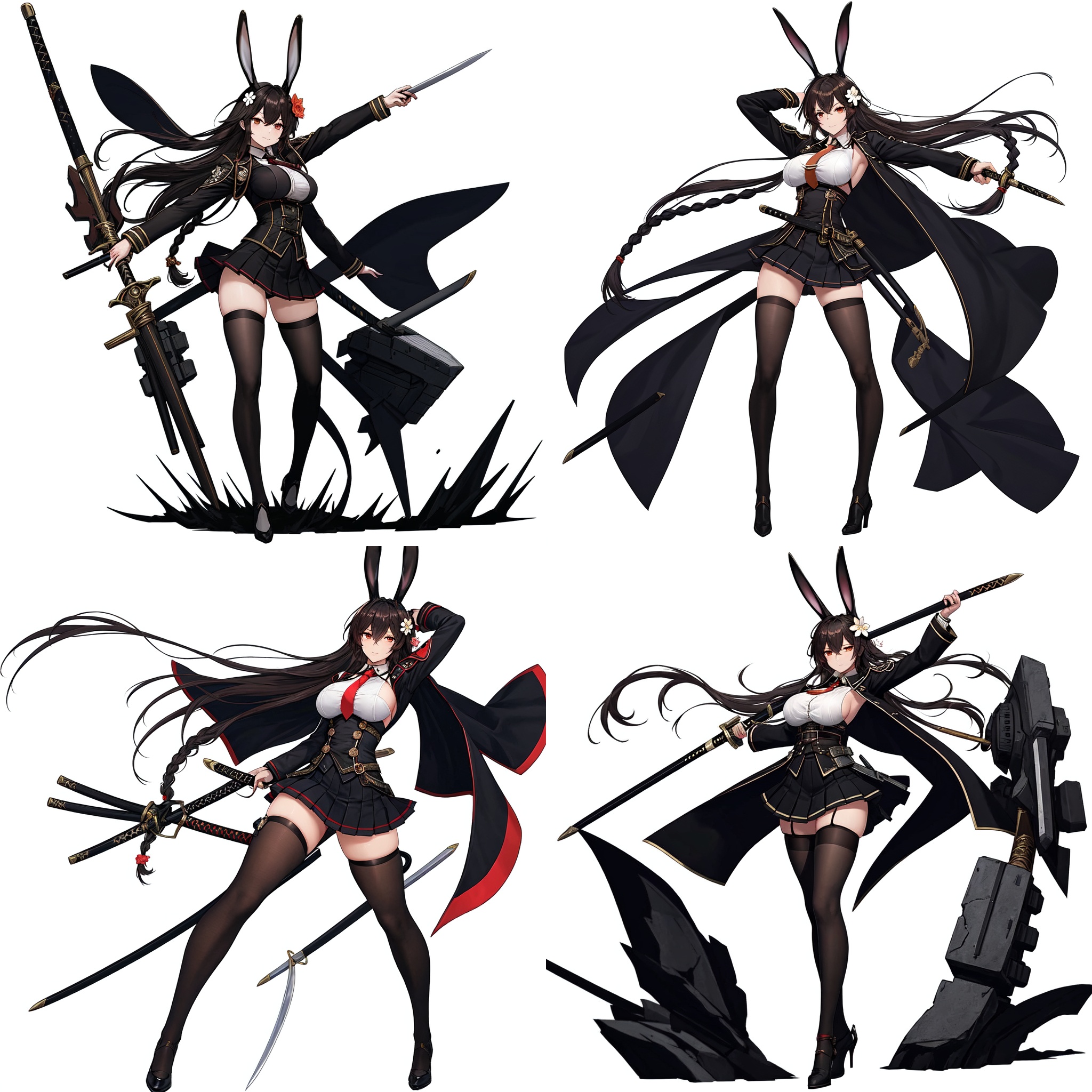 Realistic style, cinematic work, 8K wallpaper, masterpiece, very realistic quality, best quality, masterpiece, high-level, high-resolution,,,blfengge, 1girl, animal ears, mole under mouth, weapon, sword, thighhighs, solo, breasts, mole, long hair, braid, skirt, rabbit ears, full body, hair ornament, white background, looking at viewer, zettai ryouiki, holding, simple background, large breasts, holding sword, holding weapon, sideboob, katana, black thighhighs, single braid, brown hair, high heels, long sleeves, rigging, white footwear, bangs, turret, orange eyes, black skirt, pleated skirt, machinery, necktie, hair flower, thighs, black hair, closed mouth, flower, hair between eyes, smile, skindentation, brown eyes, high-waist skirt, arms up, sheath