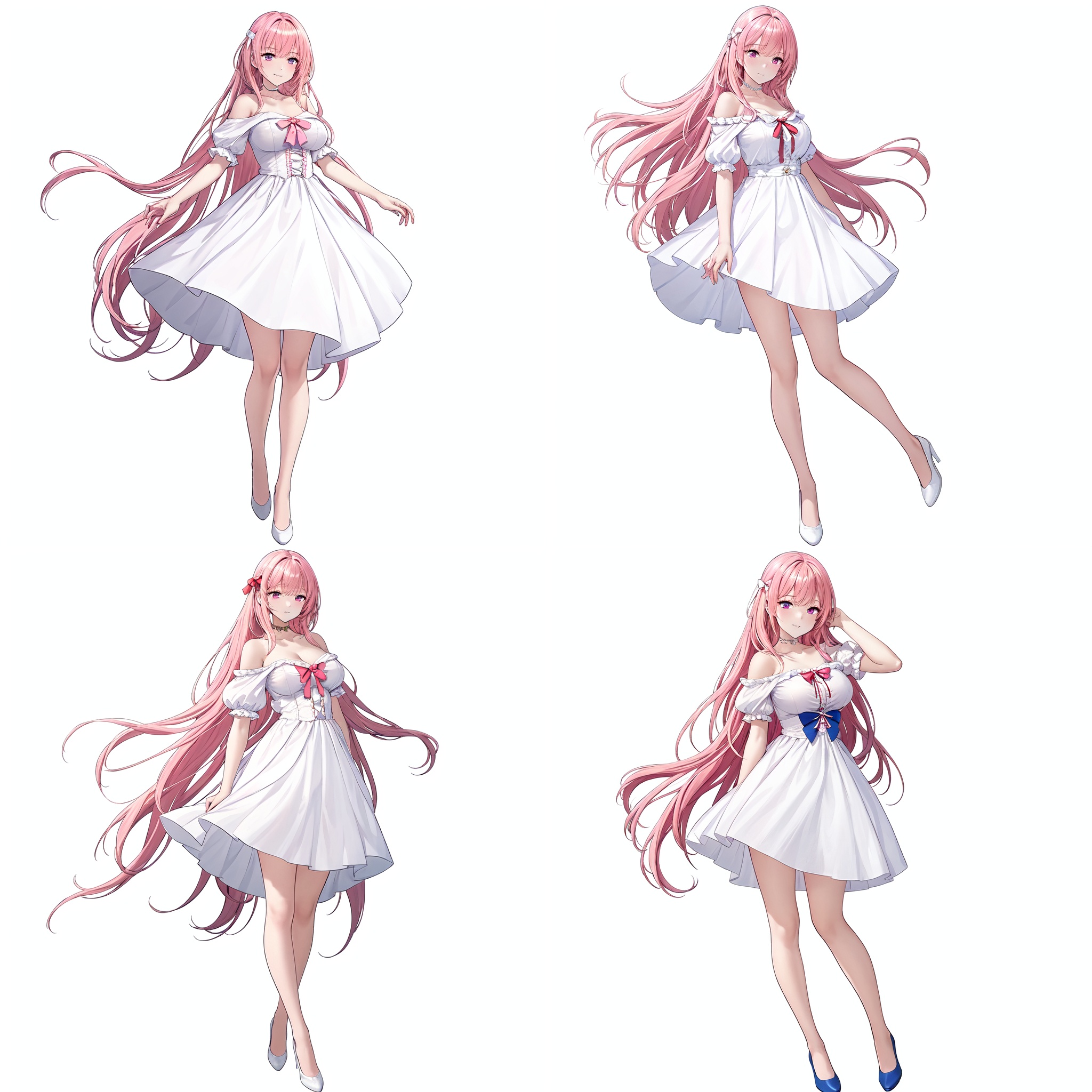 Realistic style, cinematic work, 8K wallpaper, masterpiece, very realistic quality, best quality, masterpiece, high-level, high-resolution,,,blfengge, 1girl, solo, long hair, pink hair, full body, breasts, white background, blue footwear, simple background, very long hair, looking at viewer, smile, bangs, dress, standing, short sleeves, bare shoulders, cleavage, skirt, bare legs, collarbone, hair ornament, hand up, bow, closed mouth, puffy sleeves, white shirt, shirt, hand in own hair, medium breasts, shoes, off-shoulder shirt, large breasts, blush, short dress, red bow, blue skirt, off shoulder, puffy short sleeves, thighs, choker, pink eyes, white dress, high heels, high-waist skirt
