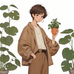 (\ji jian\), 1boy, hoop earrings, jewelry, earrings, cup, holding, plant, full body, brown hair, short hair