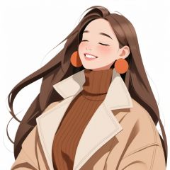 (\ji jian\), 1girl, solo, jewelry, long hair, closed eyes, earrings, smile, sweater, white background, blush, brown hair, simple background, turtleneck sweater, coat, turtleneck, ribbed sweater, brown coat, white sweater, parted lips, upper body, jacket