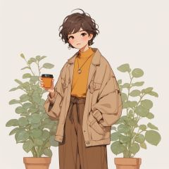 (\ji jian\), 1boy, hoop earrings, jewelry, earrings, cup, holding, plant, full body, brown hair, short hair