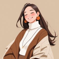 (\ji jian\), 1girl, solo, jewelry, long hair, closed eyes, earrings, smile, sweater, white background, blush, brown hair, simple background, turtleneck sweater, coat, turtleneck, ribbed sweater, brown coat, white sweater, parted lips, upper body, jacket