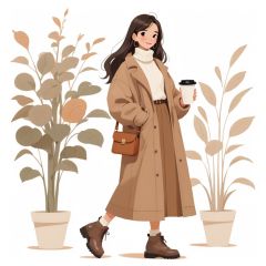 (\ji jian\), 1girl, solo, long hair, hoop earrings, jewelry, earrings, cup, holding, plant, full body, brown hair, holding cup, skirt, standing, smile, brown eyes, disposable cup, coat, bag, brown footwear, sweater, white background, looking at viewer, long sleeves, coffee cup, boots, blush, turtleneck, shoes, simple background, jacket, potted plant, shoulder bag, brown coat, brown skirt, antenna hair, handbag, long skirt, sleeves past wrists, hand in pocket, white sweater, turtleneck sweater
