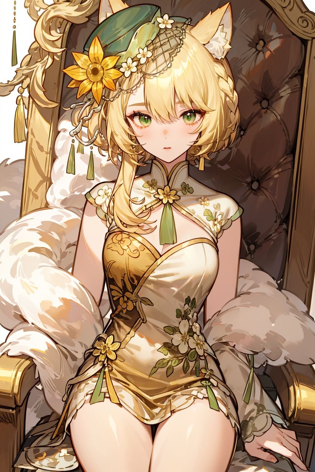  Medium view, girl focus, a girl, sitting sideways on a luxurious chair, hand supporting chin, looking out of the camera, detailed engraved picture part, 1girl, flower, solo, green eyes, hair ornament, hair flower, animal ears,blonde hair,hat, hat flower,delicate and beautiful face, exotic, mysterious forest, high detail blue eyes, wind, wind blowing hair, windward, high detail hair, aristocratic clothing, fluff, golden feathers, epic, masterpiece, wooden, old,1girl