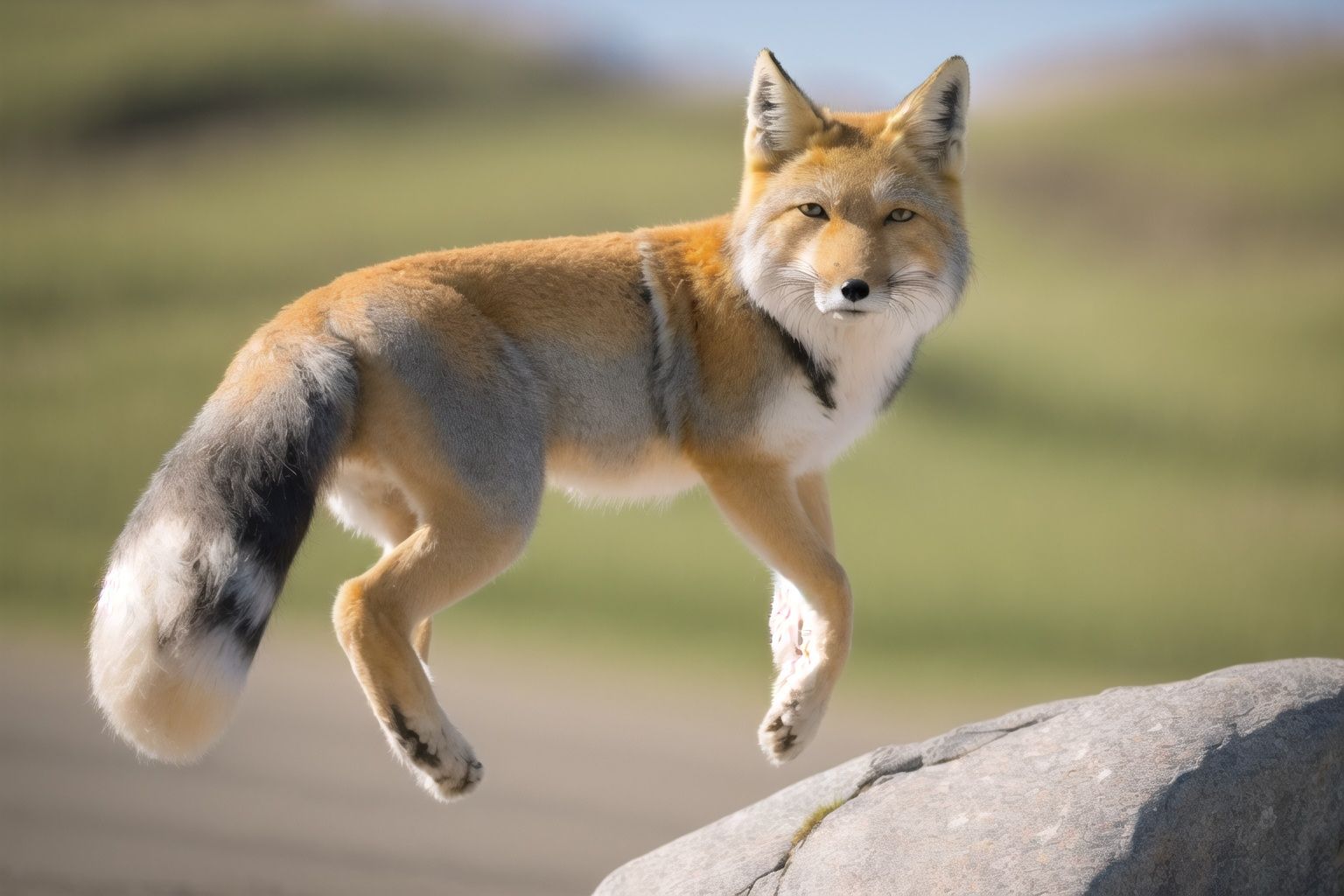 highres,sky,rock,dof,mountain,tibetan,fox,tibetanfox,high detail fur,looking at viewer, Fechin,calm,small eyes,jumping